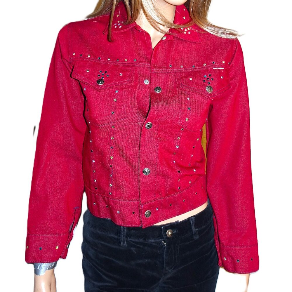 Vintage Put on Shop Burgundy Crystals Jean Jacket 14 XS